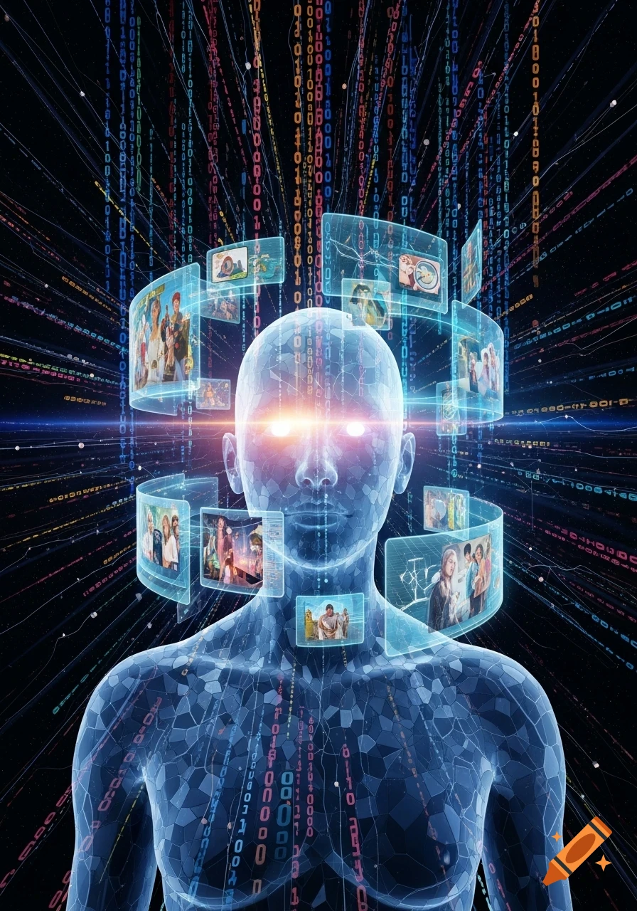 A glowing, translucent humanoid figure surrounded by floating screens displaying diverse images, with binary code streaming in the background. Digital art.