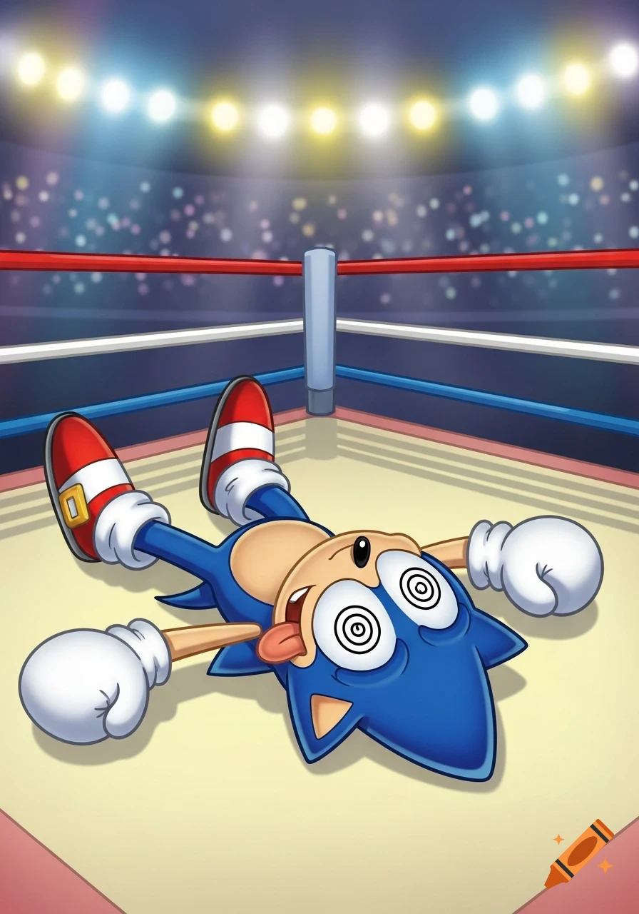 Cartoon Sonic the Hedgehog lies knocked out on his back in a boxing ring, with swirly eyes, a happy mouth, and his tongue out.