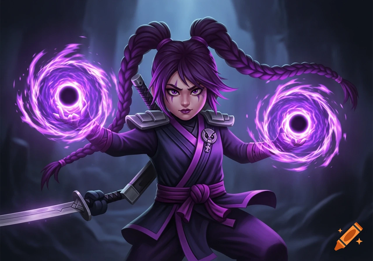 A stylized ninja girl with purple braided pigtails, dark eyes, and a purple outfit, wielding two glowing purple energy portals and a sword.