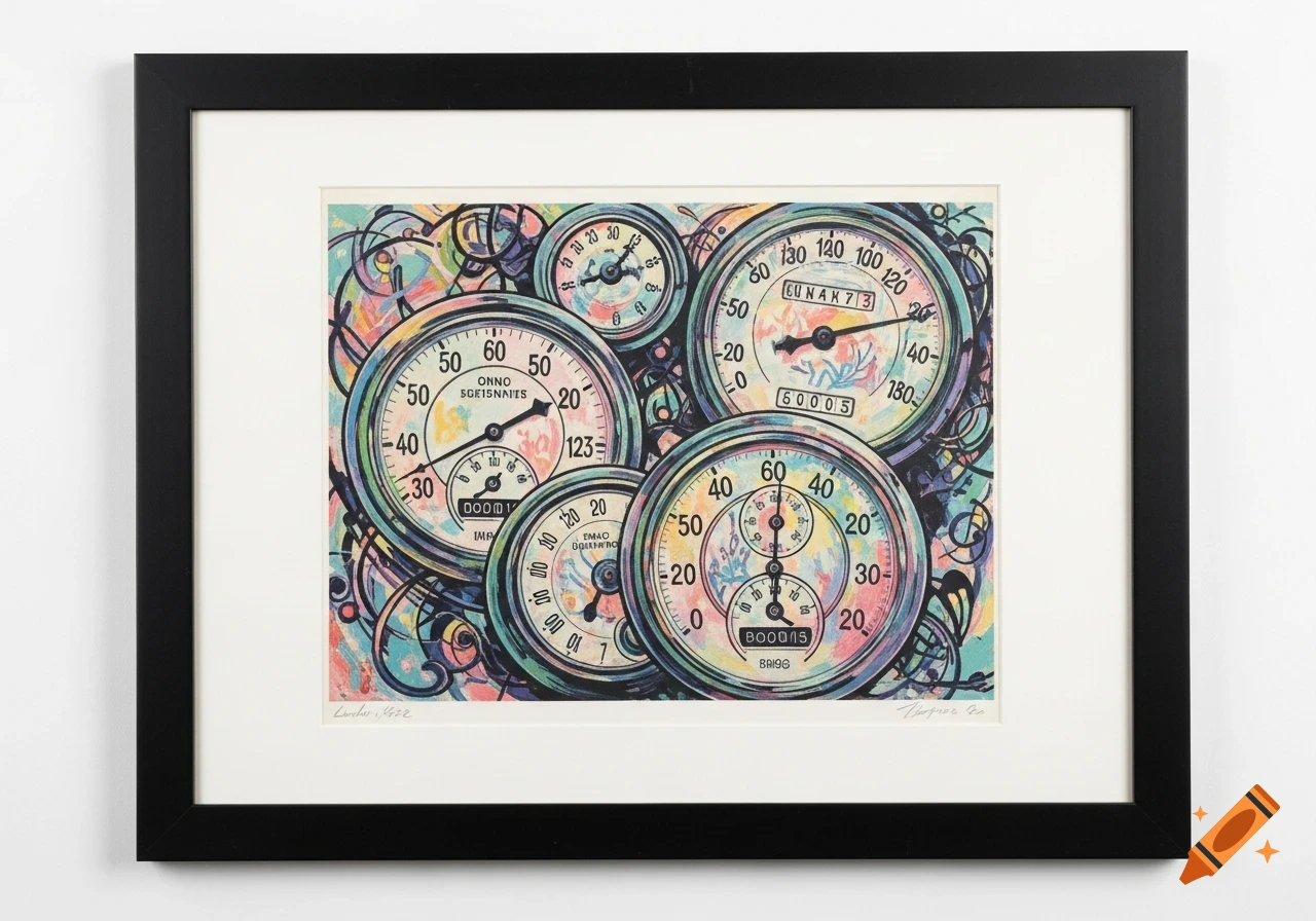 A framed and matted vibrant pastel monoprint depicting several abstract odometers with swirling patterns in the background.