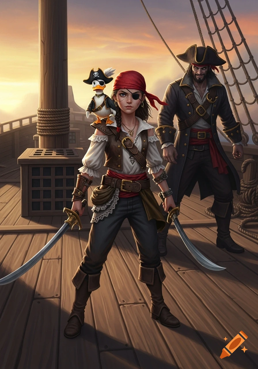 Illustration of a girl pirate with an eyepatch and a pirate duck on her shoulder, with an evil pirate behind them on a ship deck at sunset.