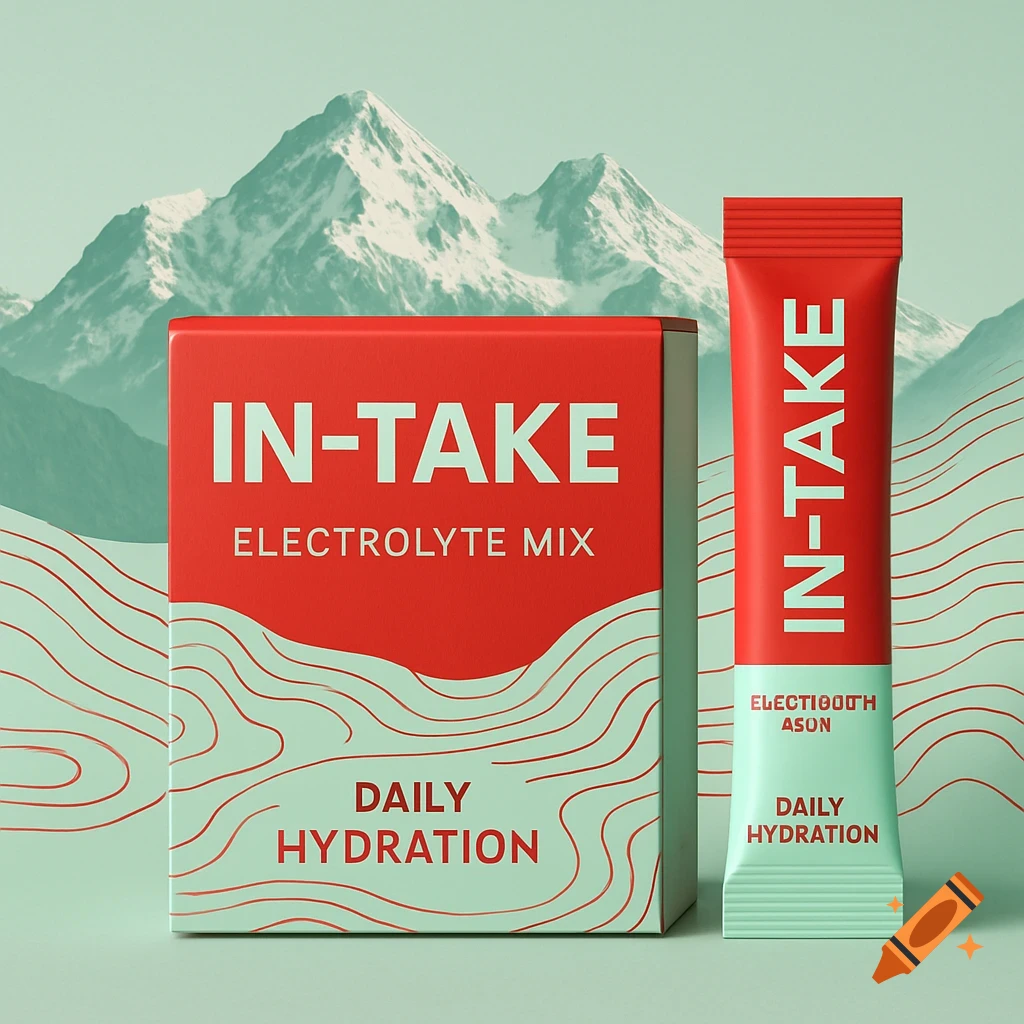 Red and mint green product packaging for 'IN-TAKE Electrolyte Mix' and sachet, set against snowy mountains.
