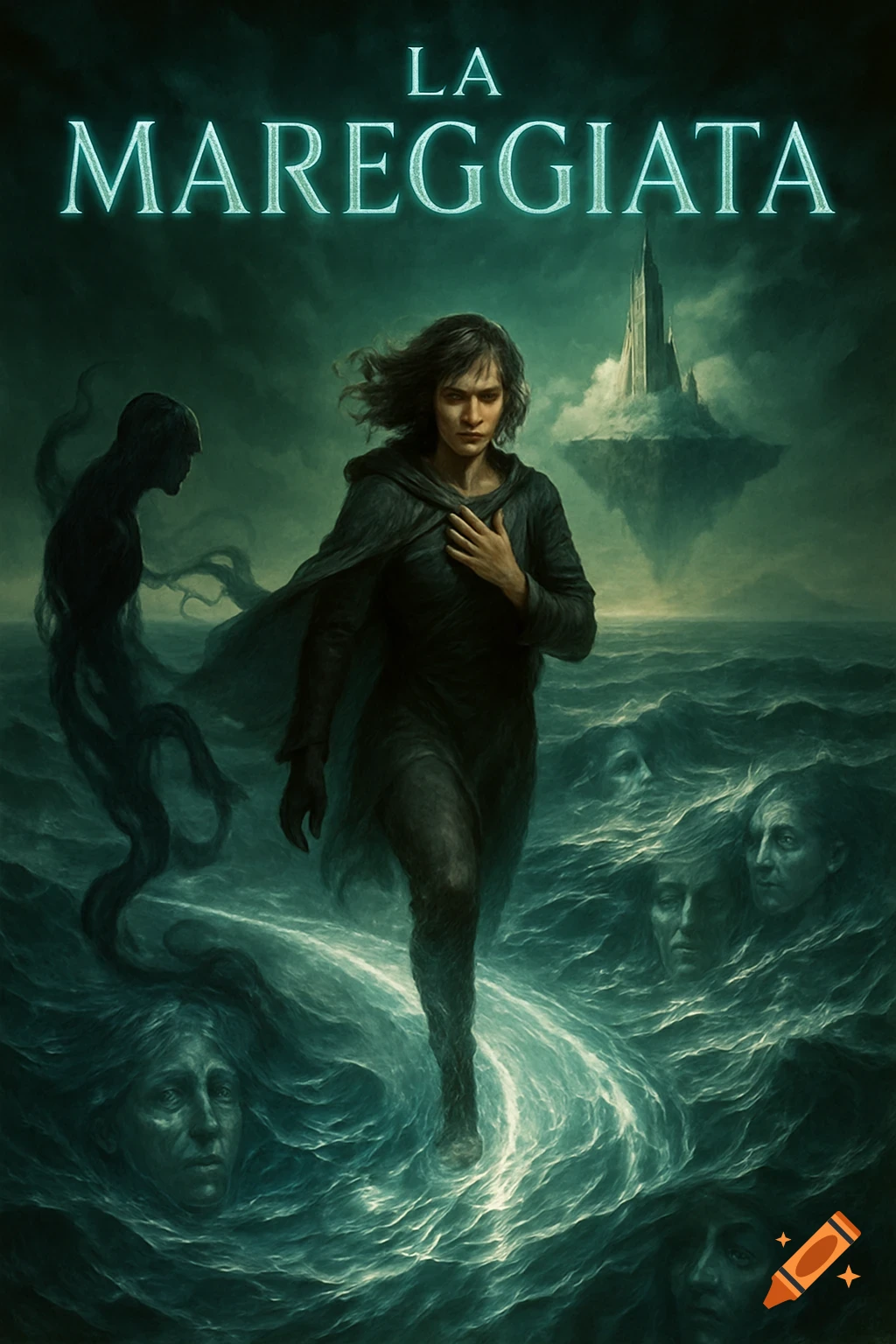 A woman walks on glowing water in a stormy dark fantasy scene with ghostly faces, a shadowy figure, and a floating castle. Title 'LA MAREGGIATA'.