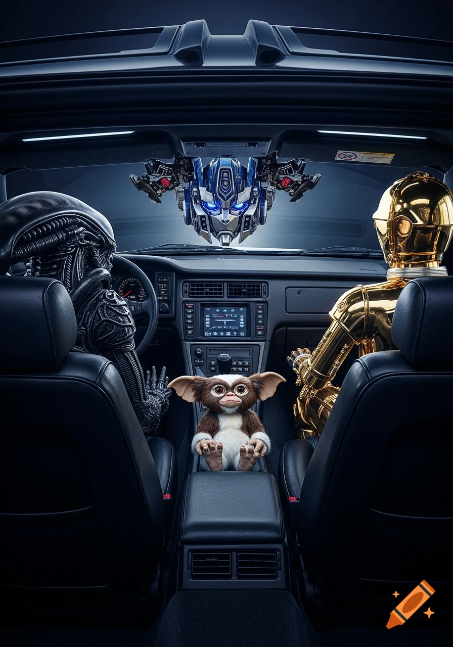 An Alien xenomorph drives a car, with a Gremlin in a child seat, C-3PO in the passenger seat, and Optimus Prime's head floating above the dashboard.