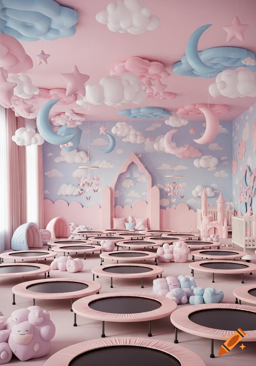 A whimsical pastel pink and blue children's room filled with trampolines, inflatable clouds, moons, and a miniature castle.
