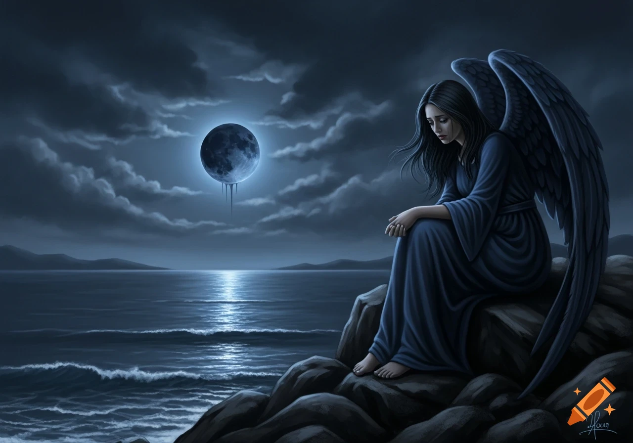 Digital painting of a sad black angel with dark blue wings sitting on rocks overlooking a dark ocean under a surreal blue moon.