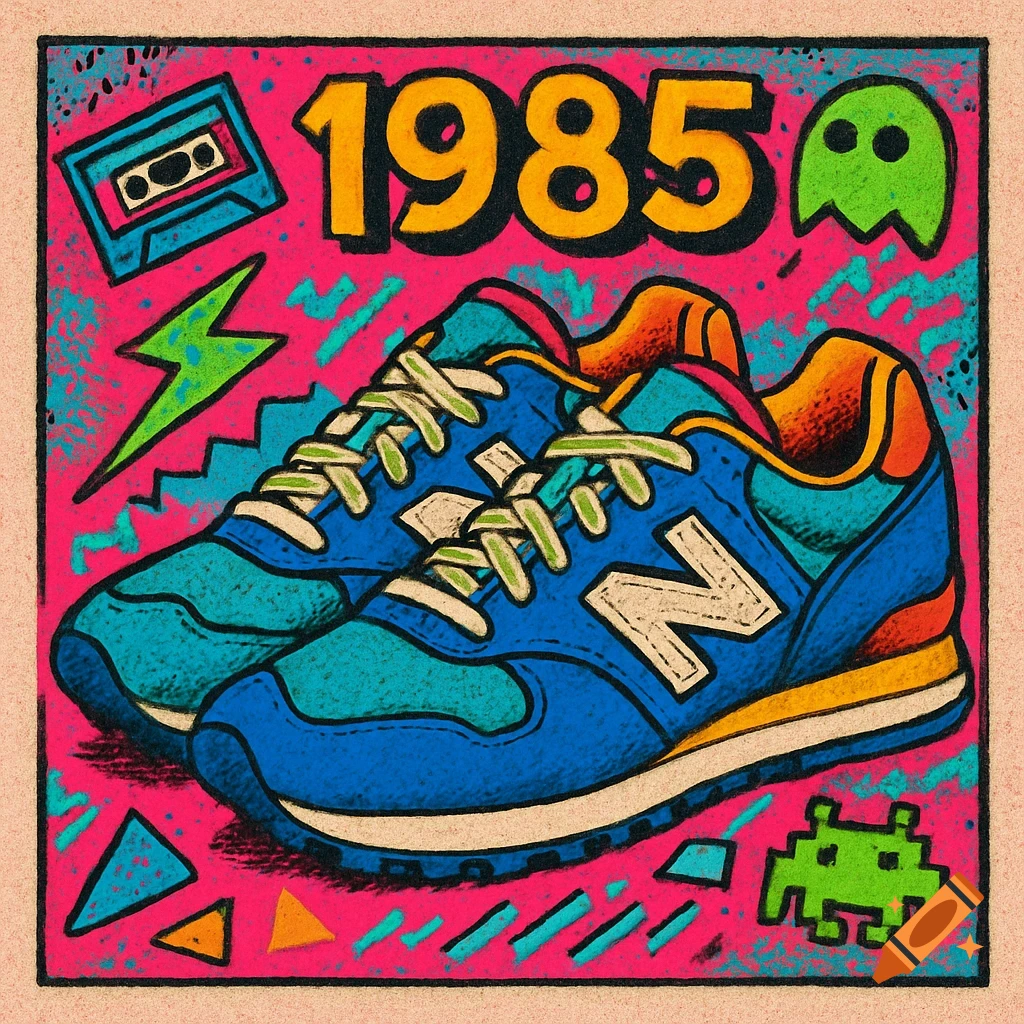 Vibrant retro illustration of blue running shoes with '1985' text, cassette, lightning, and pixel art on a pink background.