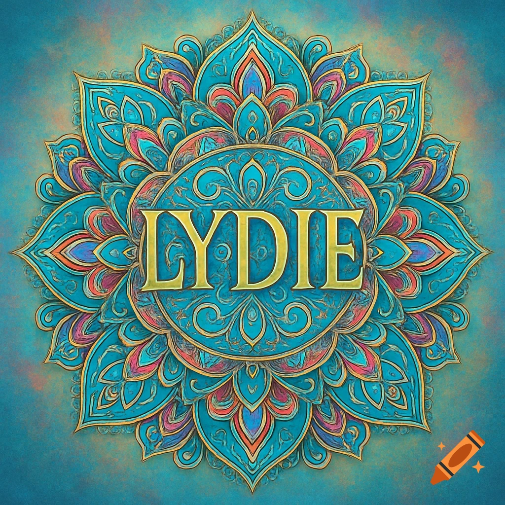 A vibrant blue, teal, and pink mandala with golden decorative patterns. The name 'LYDIE' is written in gold letters in the center.