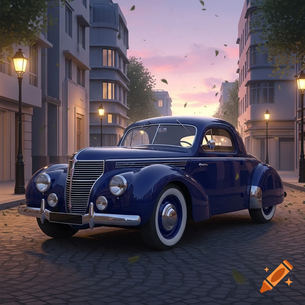 A dark blue 1930s coupe classic car parked on a cobblestone street in a city at sunset, with lampposts and buildings.