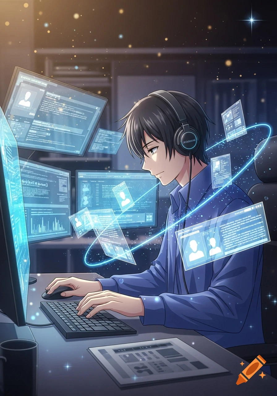 Anime-style illustration of a software developer wearing headphones, typing on a keyboard surrounded by multiple glowing holographic screens and UI elements in a futuristic setting.