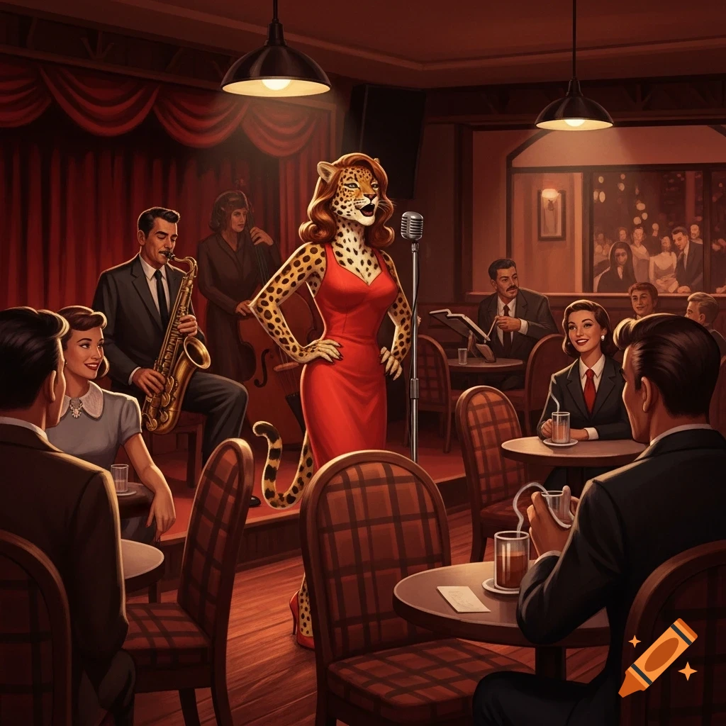 A retro-styled illustration of an anthropomorphic leopard woman in a red dress singing on stage in a 1950s jazz club.
