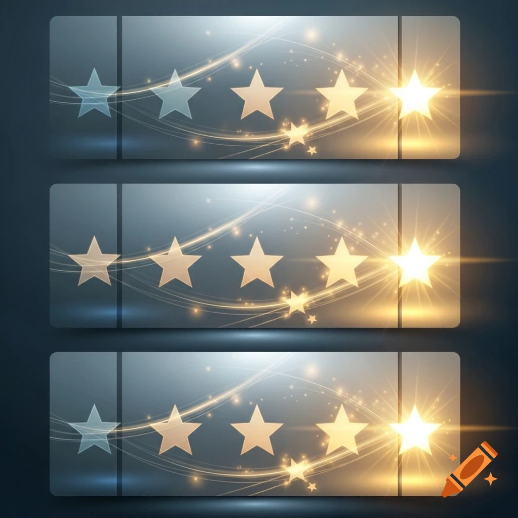 Three identical gray banners, each with five stars progressively filled with golden light and sparkles, symbolizing a rating.