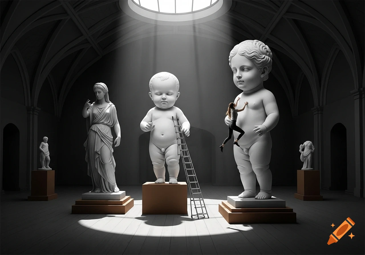Monochromatic scene in a grand museum hall with a large baby statue, a classic draped female statue, and a woman climbing a larger baby statue under a skylight.