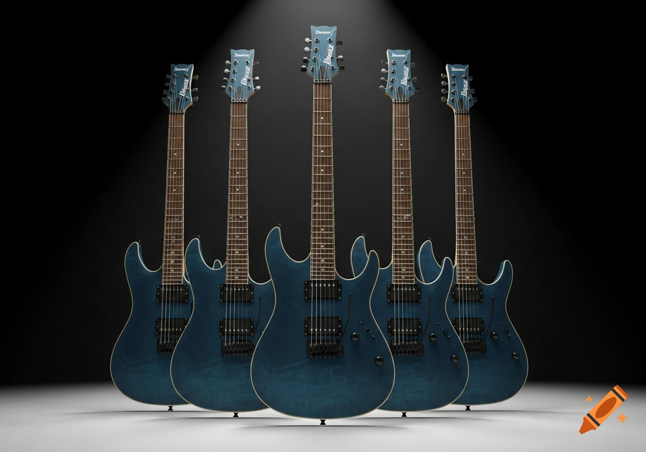 Five blue Ibanez electric guitars stand arranged with the center one forward, under dramatic spotlight on a dark background.