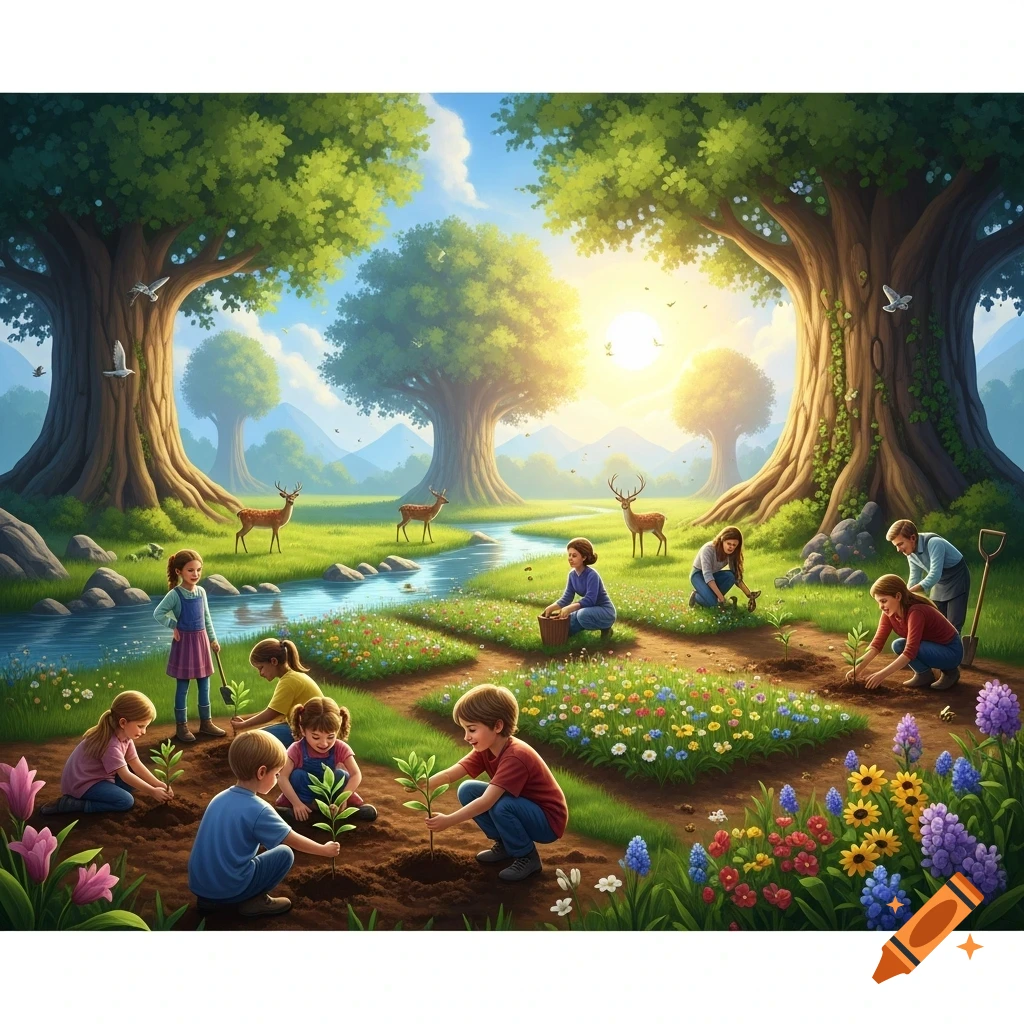 Children and adults plant trees and flowers in a lush forest garden with deer, a stream, and sunlight.