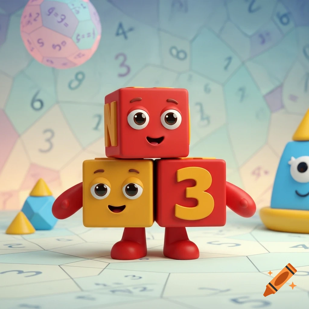 A cartoon character made of red and yellow blocks, resembling Numberblock 3, standing on a grid of numbers, with a floating polyhedral die in the background.