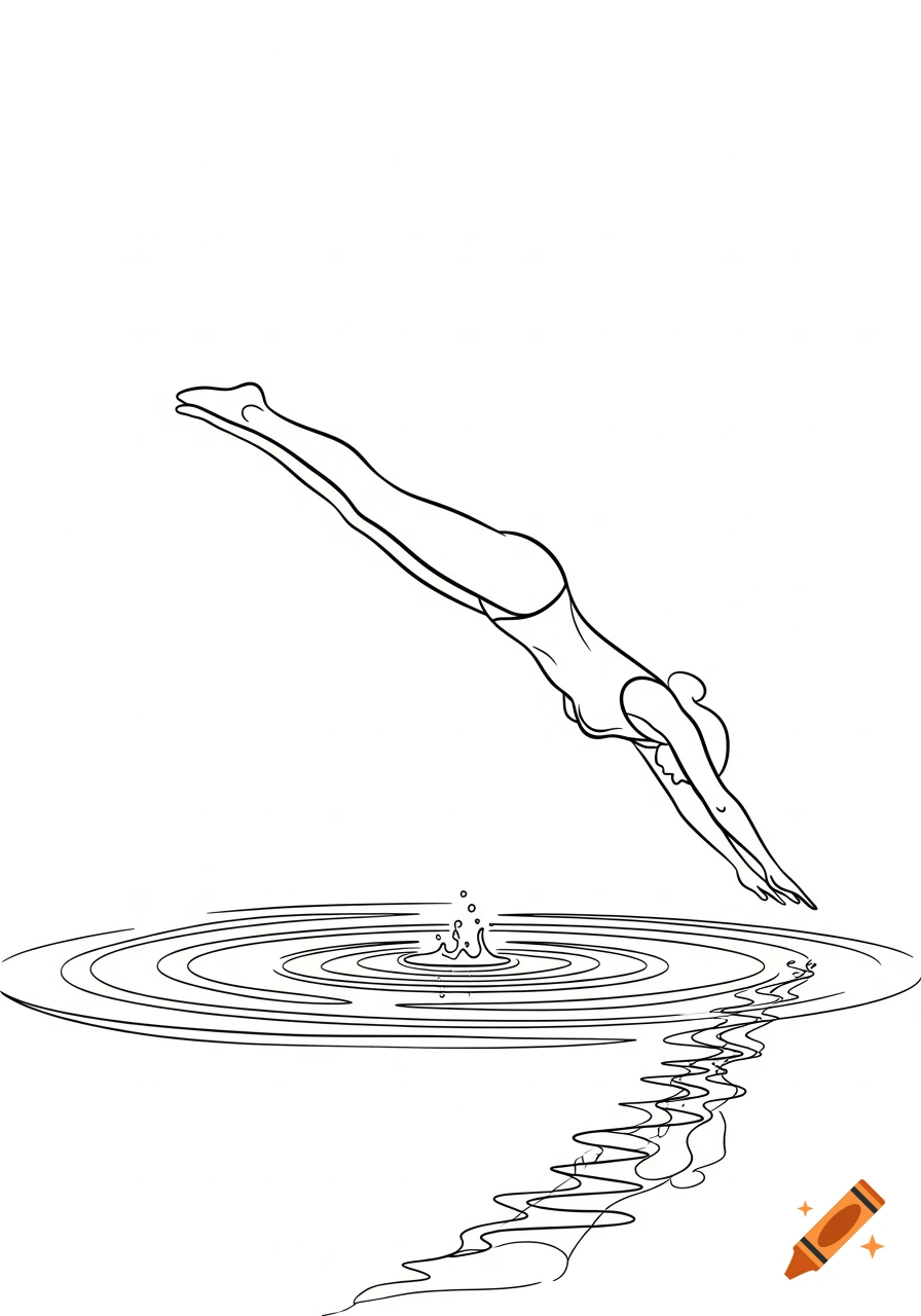 A minimalist line art drawing of a woman in a swimsuit diving headfirst into water, creating ripples and a small splash.