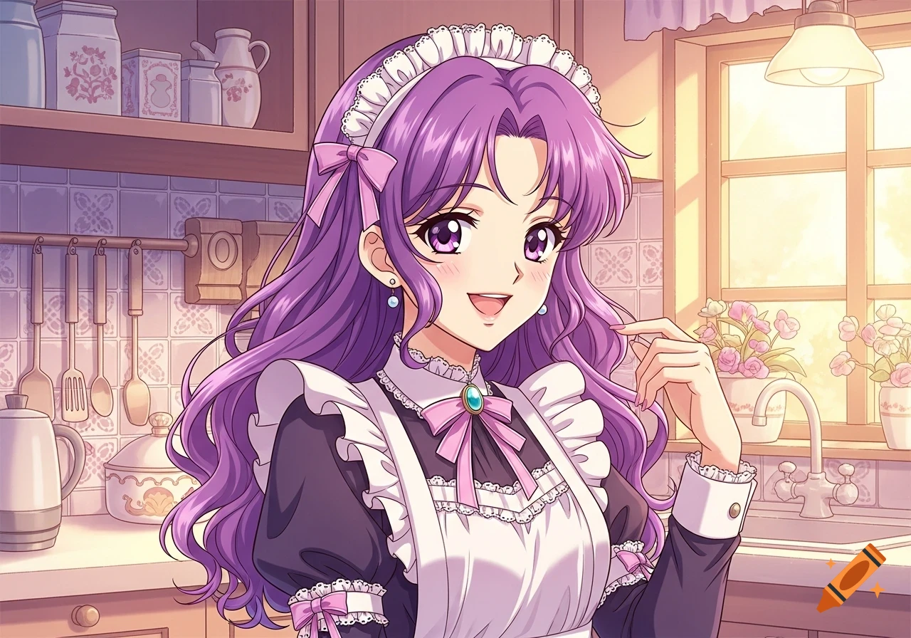 A smiling anime woman with long purple hair and purple eyes, wearing a black and white maid uniform with pink bows, in a sunlit kitchen.