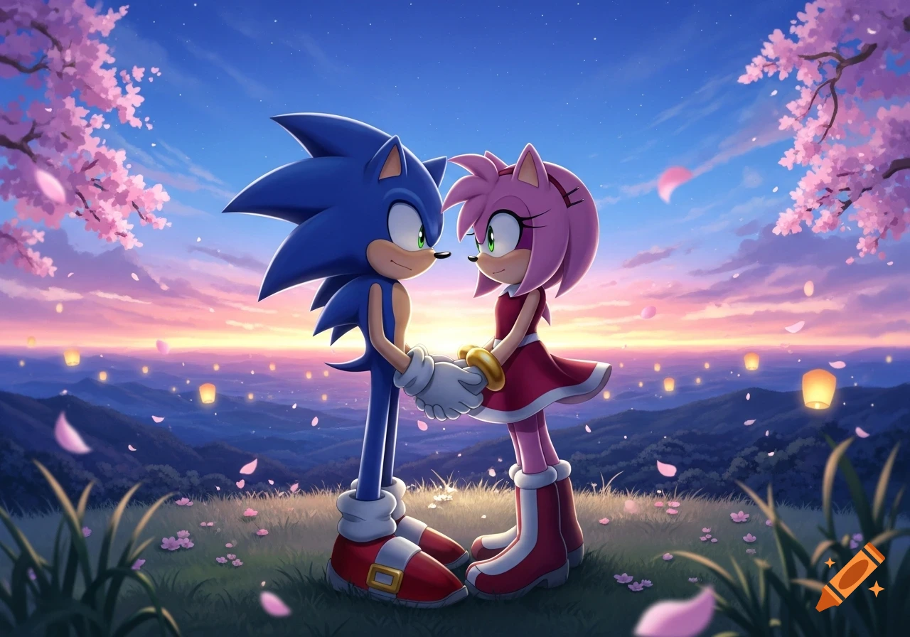 Sonic and Amy holding hands in a cherry blossom field at sunset, with floating lanterns and mountains in the background.