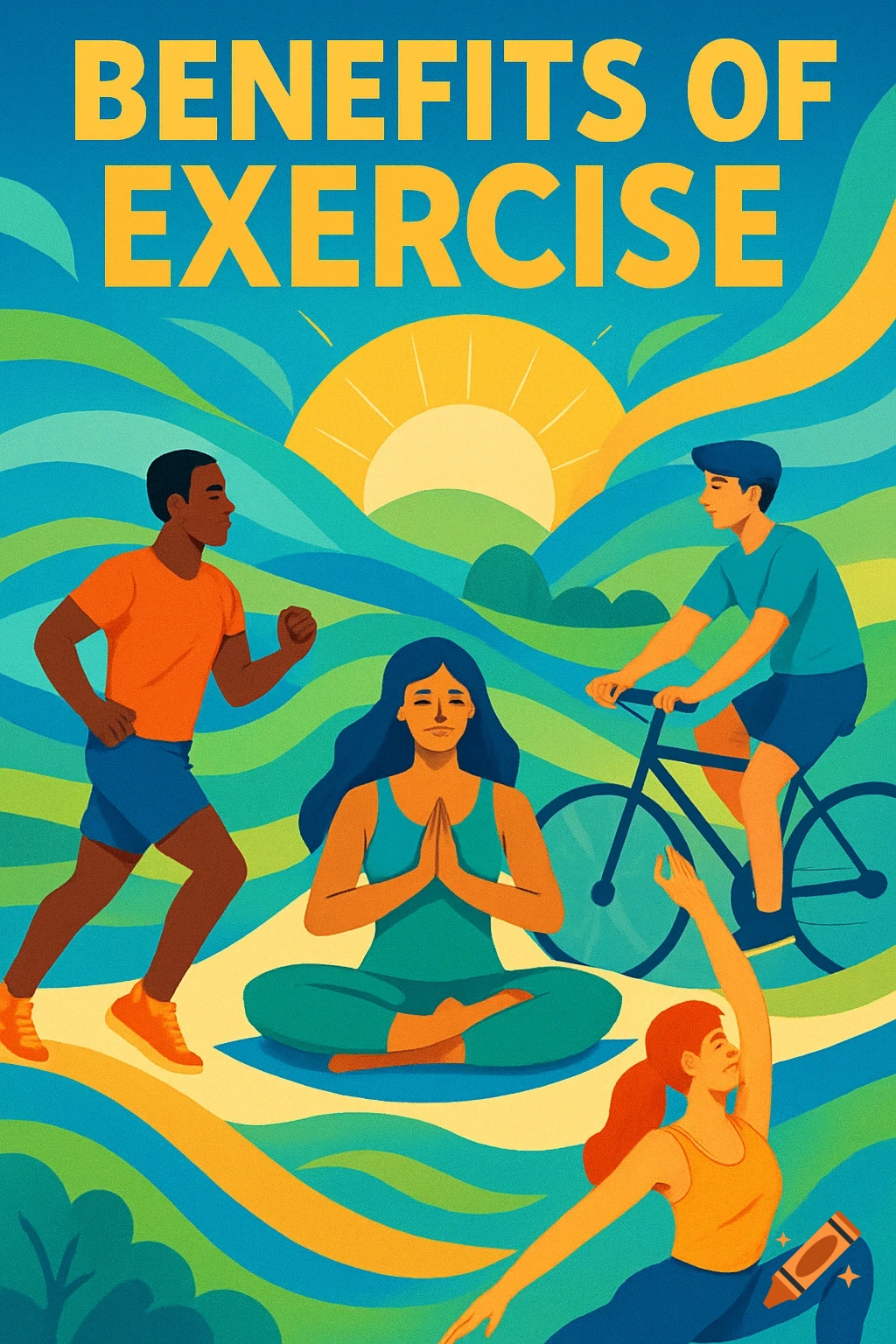 Colorful illustration of people exercising: a runner, a meditator, a cyclist, and a stretcher, under a sun, with 'BENEFITS OF EXERCISE' text.
