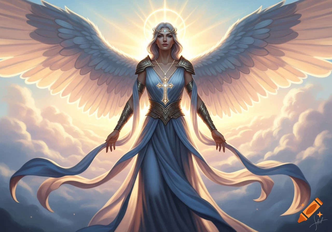 A radiant angel with large white wings, a blue gown, gold armor, and a cross necklace stands among clouds with a halo of light.