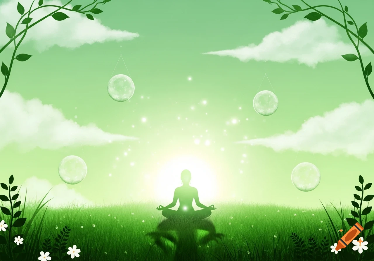 A silhouette meditates in a vibrant green field under a light sky with glowing orbs, framed by leafy vines.