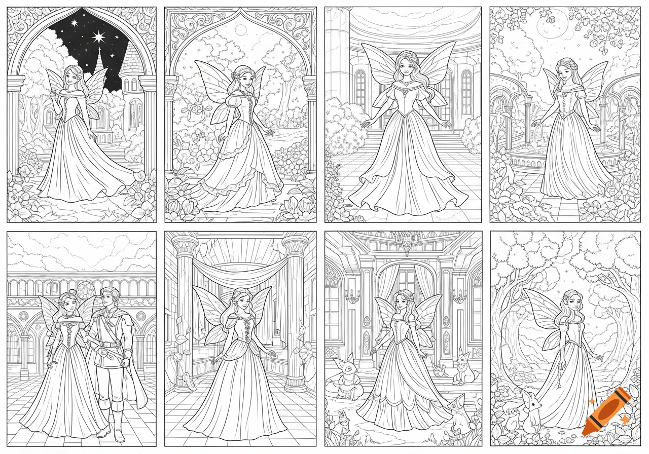 Eight black and white line art illustrations for a coloring book featuring fairies, princesses, and a prince in fantasy settings.