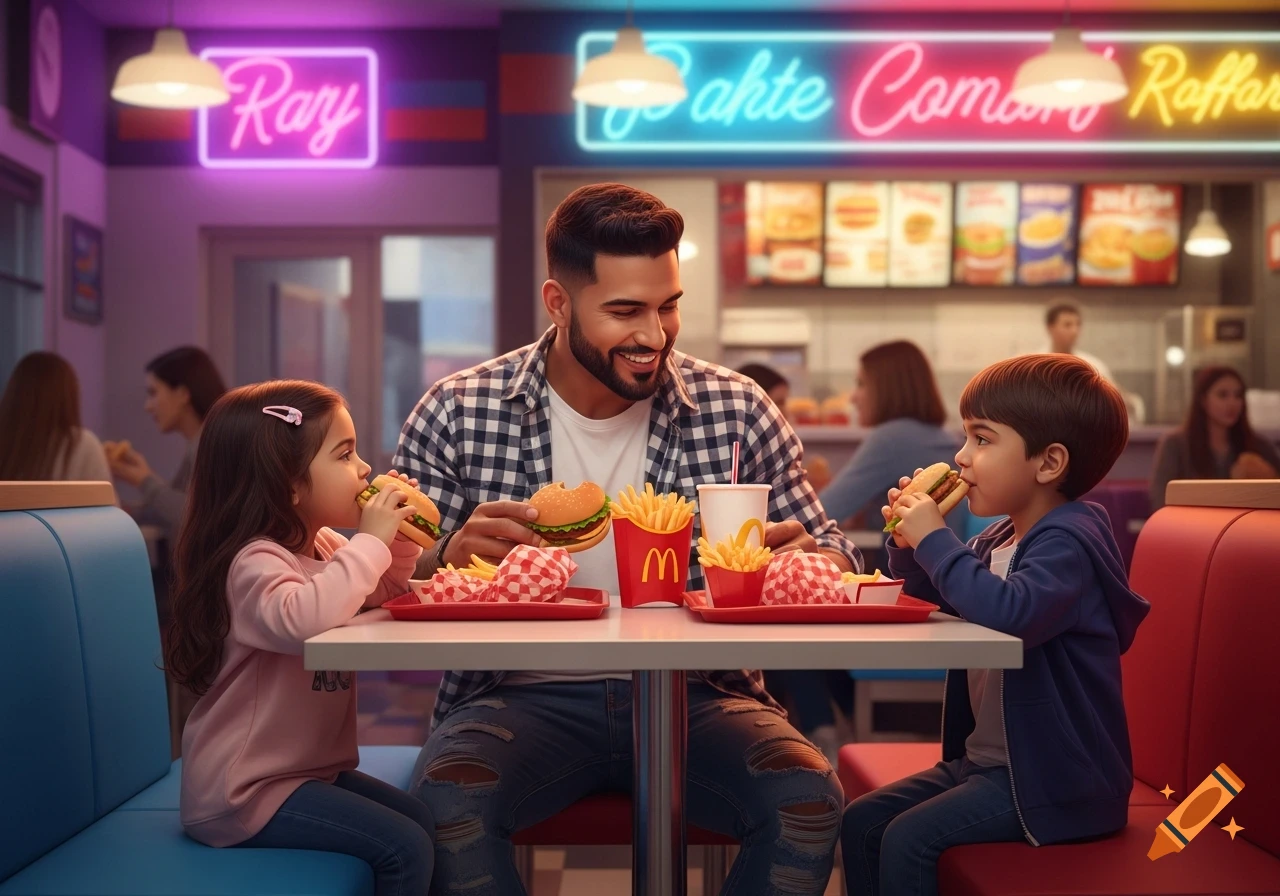 A smiling Latino father and his two young children eat burgers and fries at a brightly lit fast food restaurant booth.