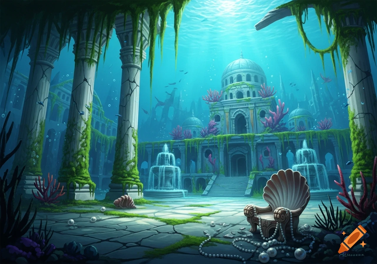 A fantasy illustration of a ruined underwater city with moss-covered ...