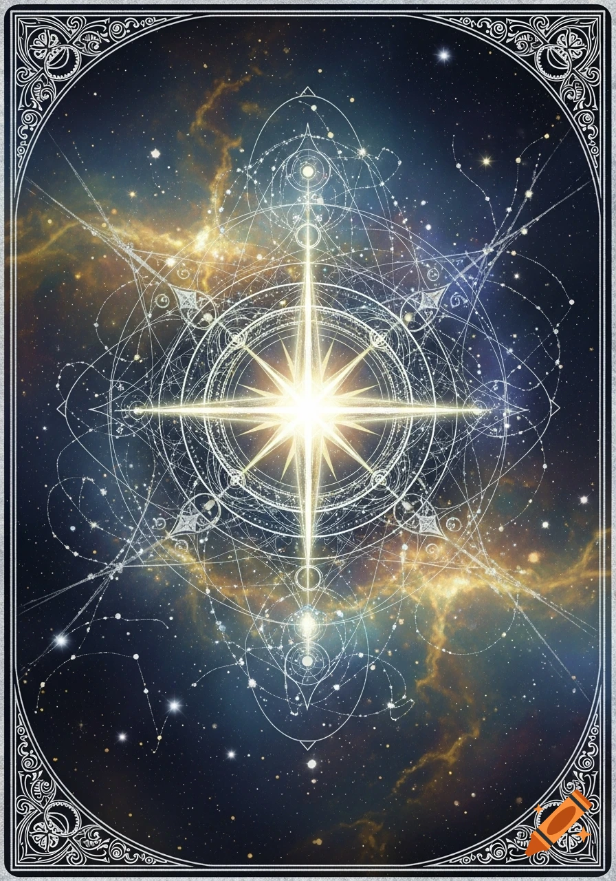 A vibrant celestial oracle card featuring a bright star surrounded by intricate sacred geometry against a nebula and starry sky background.