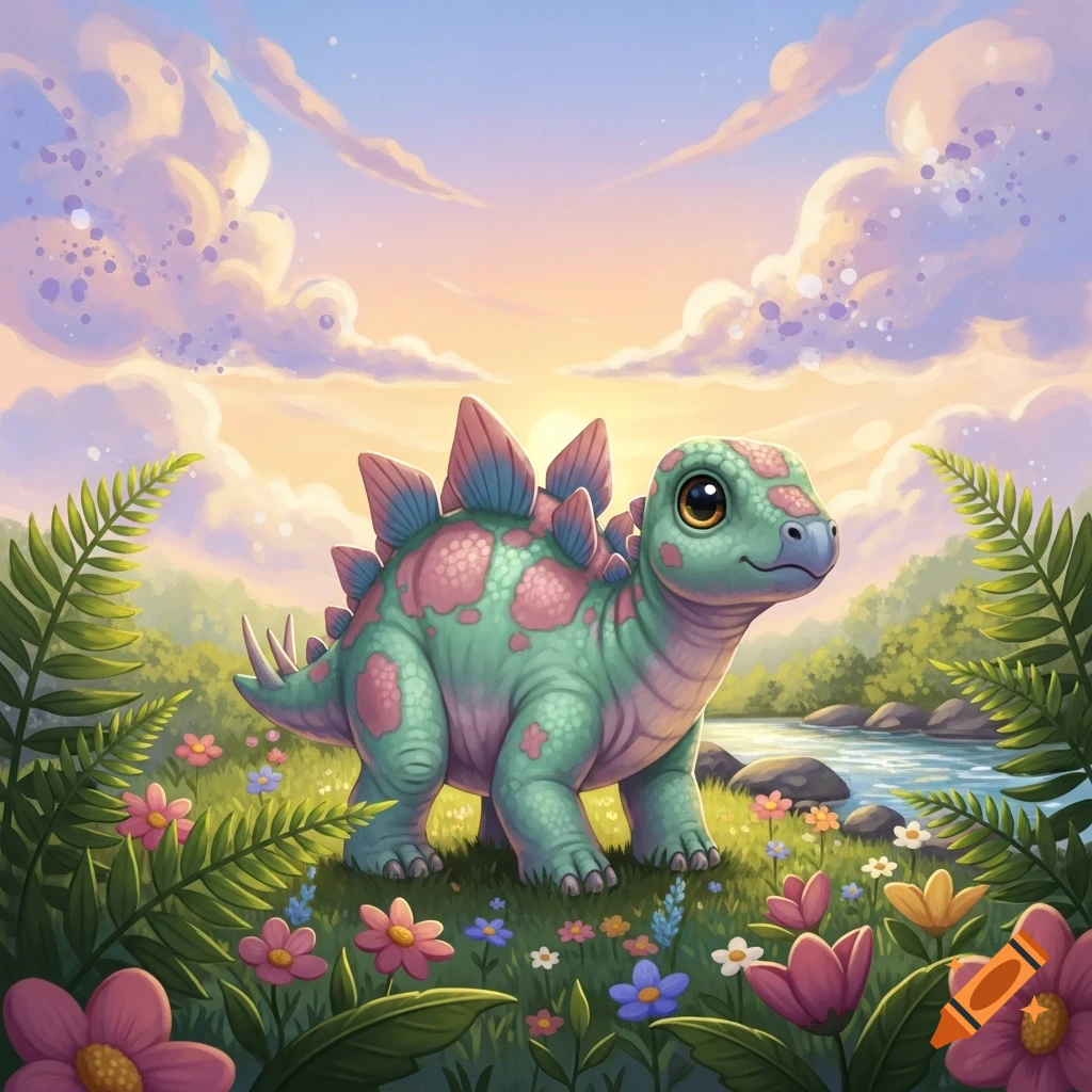 A cute teal and pink baby stegosaurus stands in a field of colorful flowers with a river and sunset, whimsical illustration.