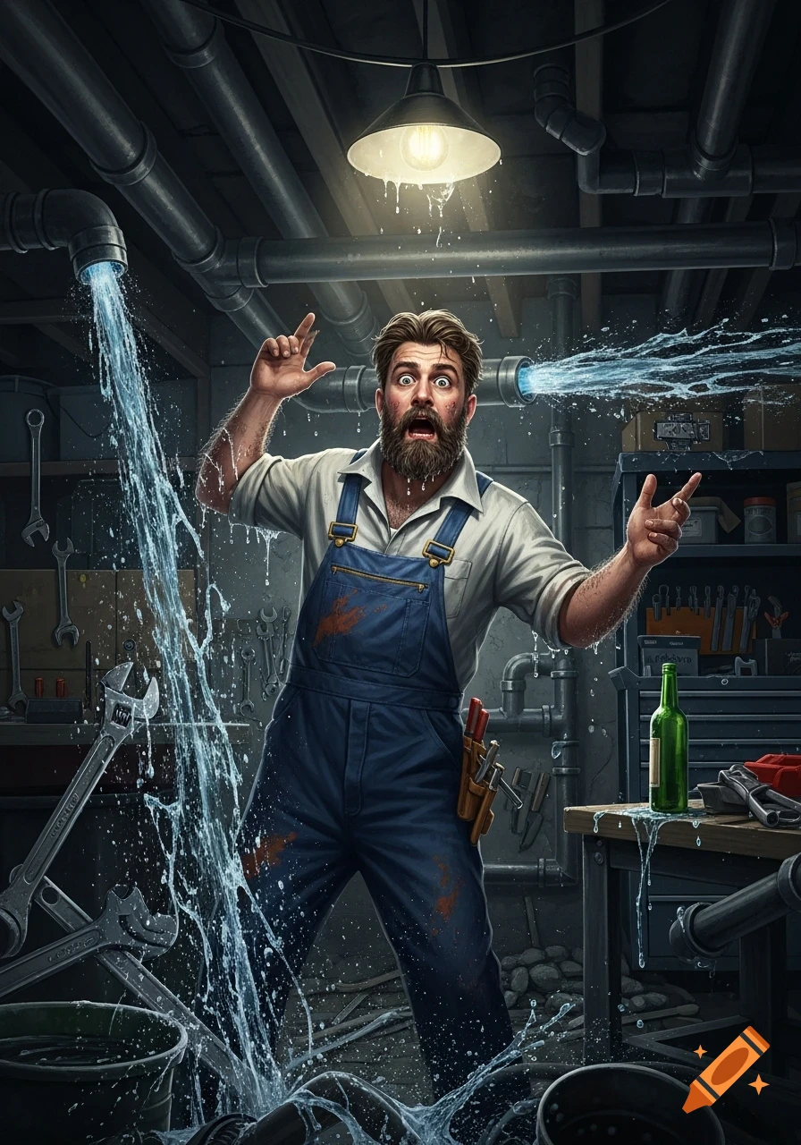 A panicked, bearded plumber in blue overalls is drenched by two burst pipes spraying water in a messy, dimly lit basement workshop.