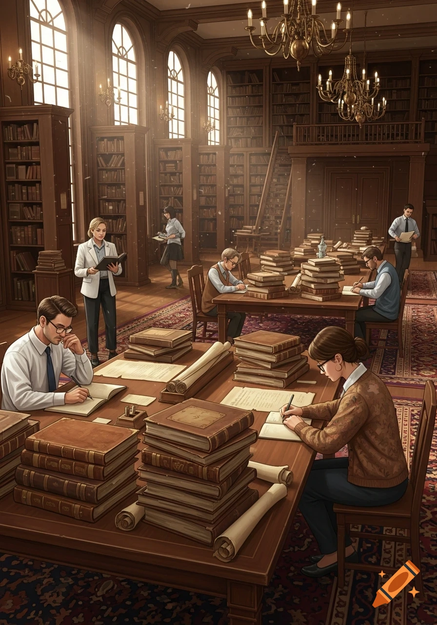 Researchers study at wooden tables piled with old books and scrolls in a grand, sunlit historical library.