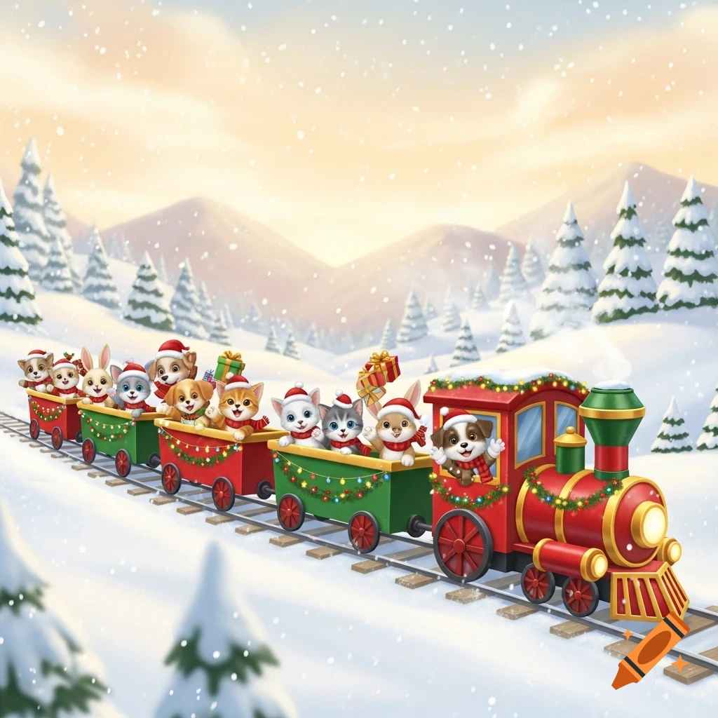 Cute cartoon animals in Santa hats riding a festive Christmas train through a snowy winter landscape.