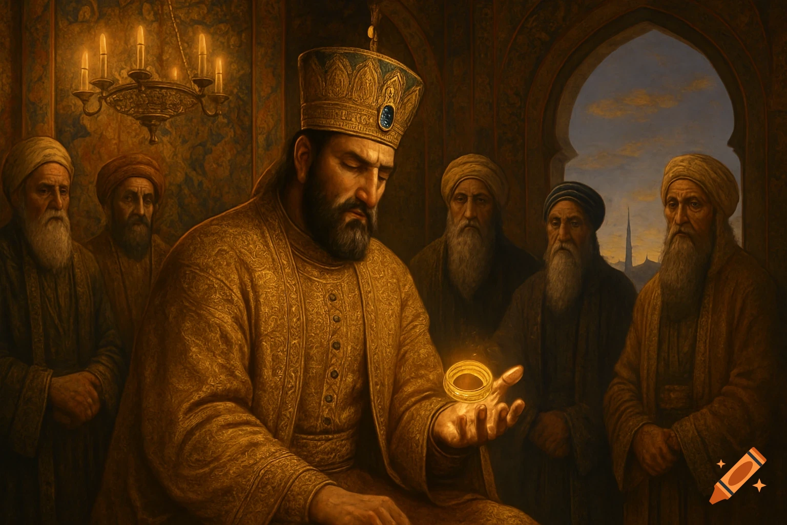 A bearded Persian king in golden robes holds a glowing ring, surrounded by wise men in a dim, richly decorated chamber.