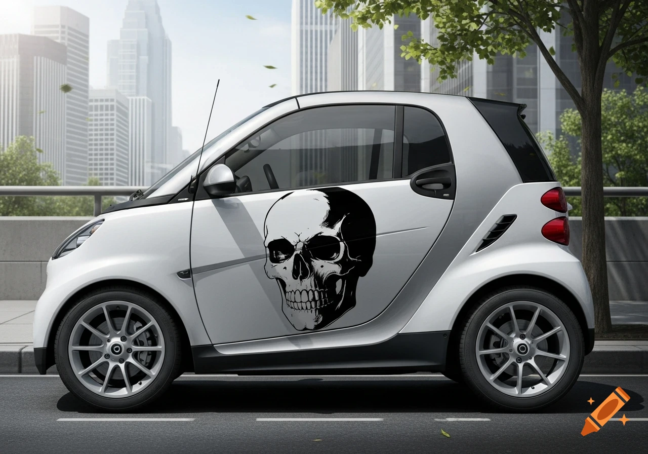 White Smart car with a large black and white skull decal on its door, parked on a city street with buildings and trees in the background.