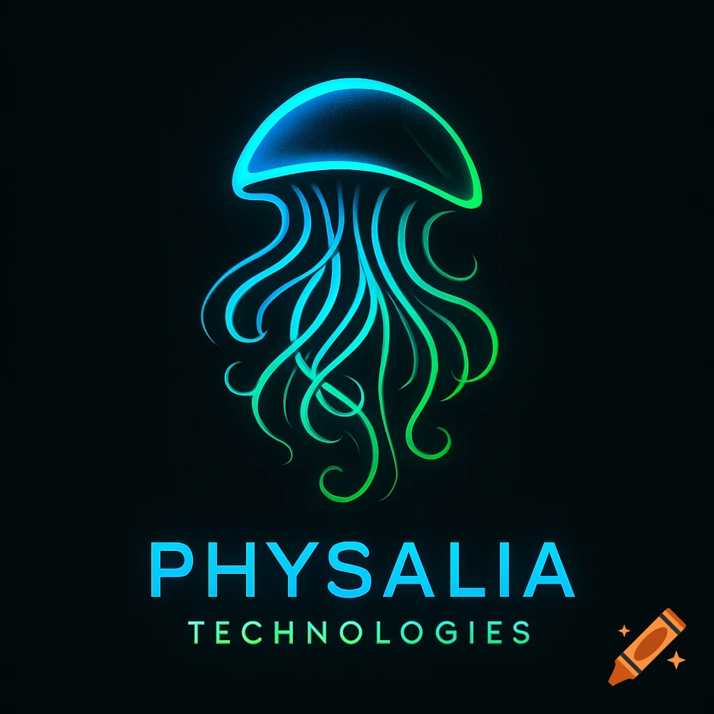 A glowing neon blue and green jellyfish logo with the text 'PHYSALIA TECHNOLOGIES' on a black background.