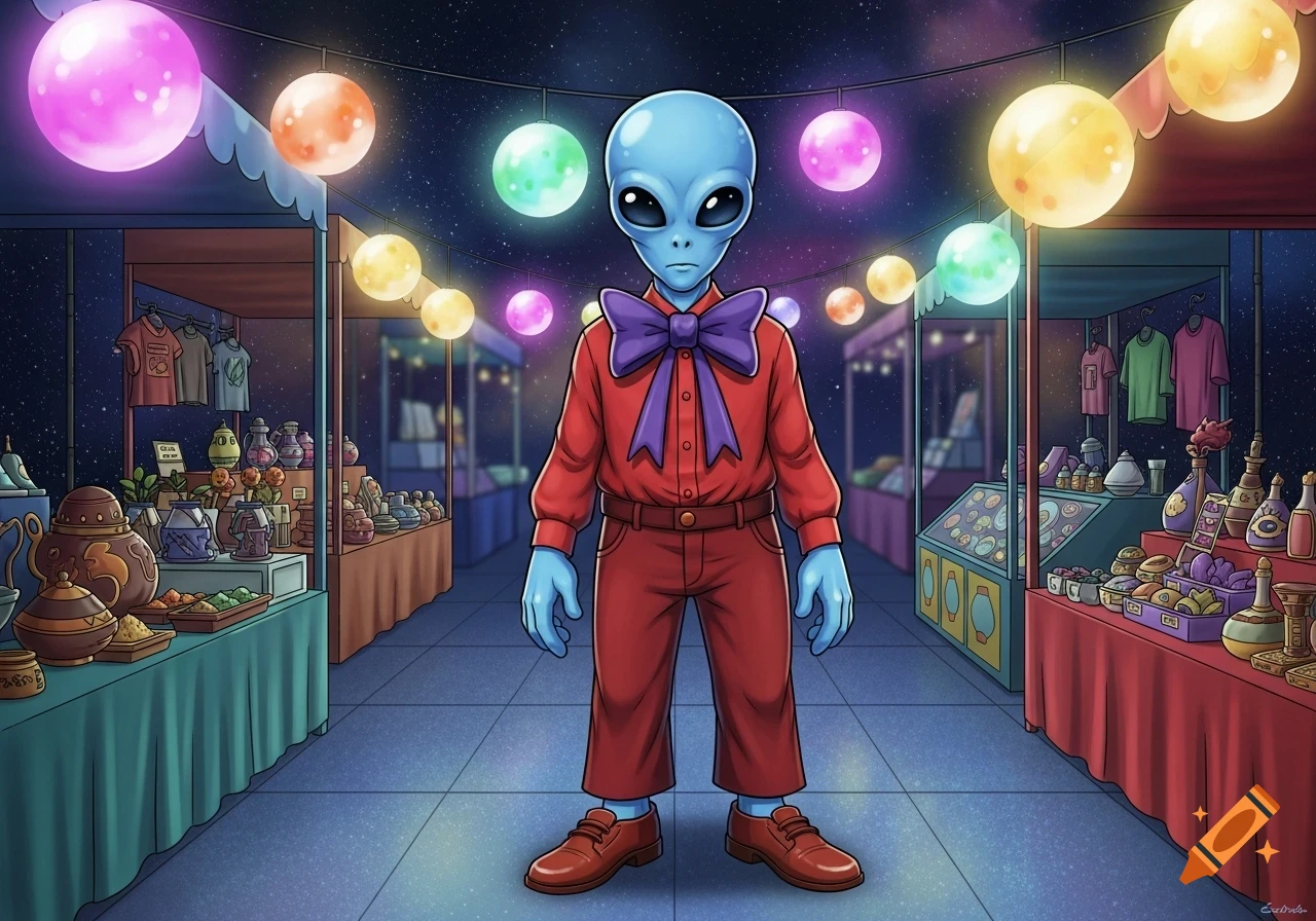 A blue alien in a red shirt and purple bow tie stands in a vibrant night market with glowing orbs.