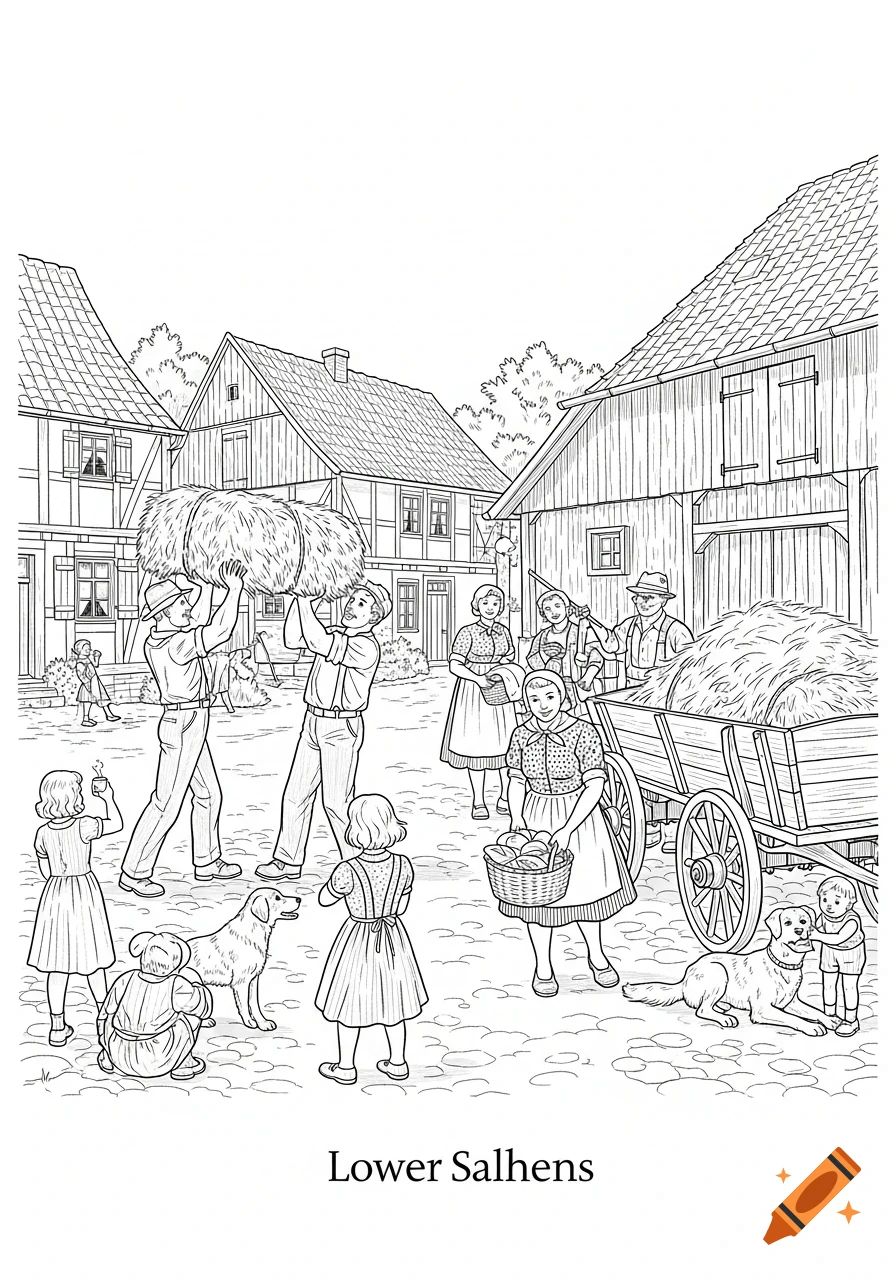 A black and white line illustration of a 1950s village scene where people work together, carrying hay and food.