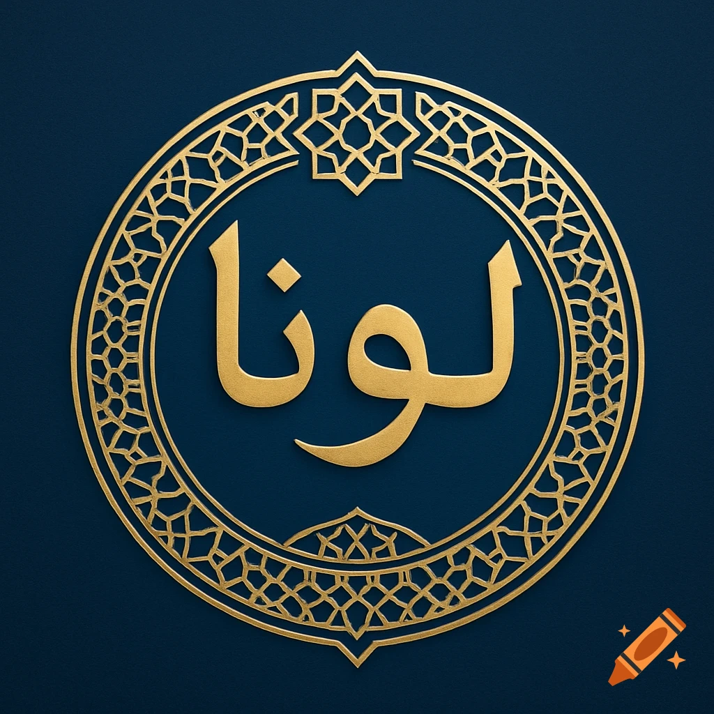 Golden circular logo with geometric patterns and the Arabic word '".' in calligraphy on a dark blue background.