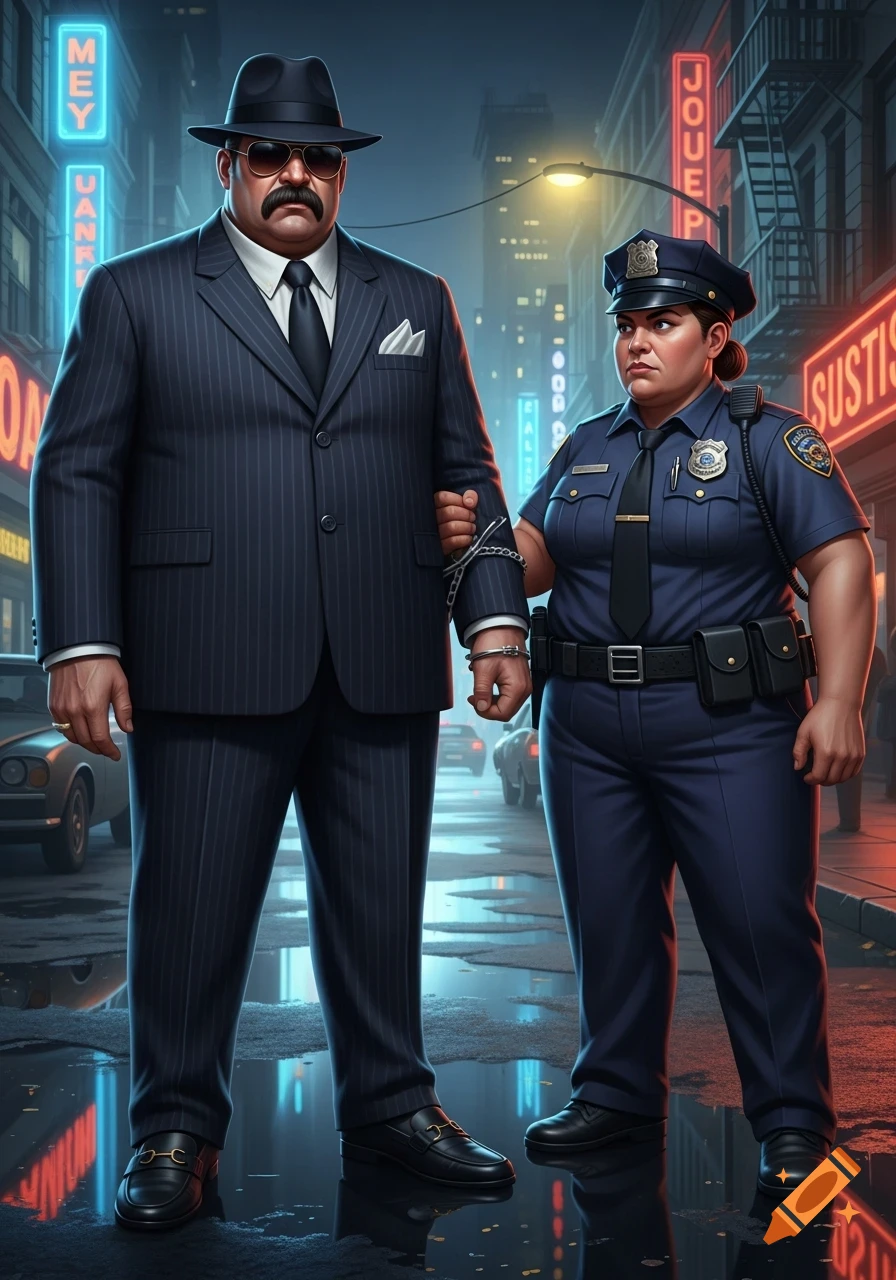 An illustration of a man in a pinstripe suit and fedora, handcuffed by a police officer on a neon-lit city street at night.