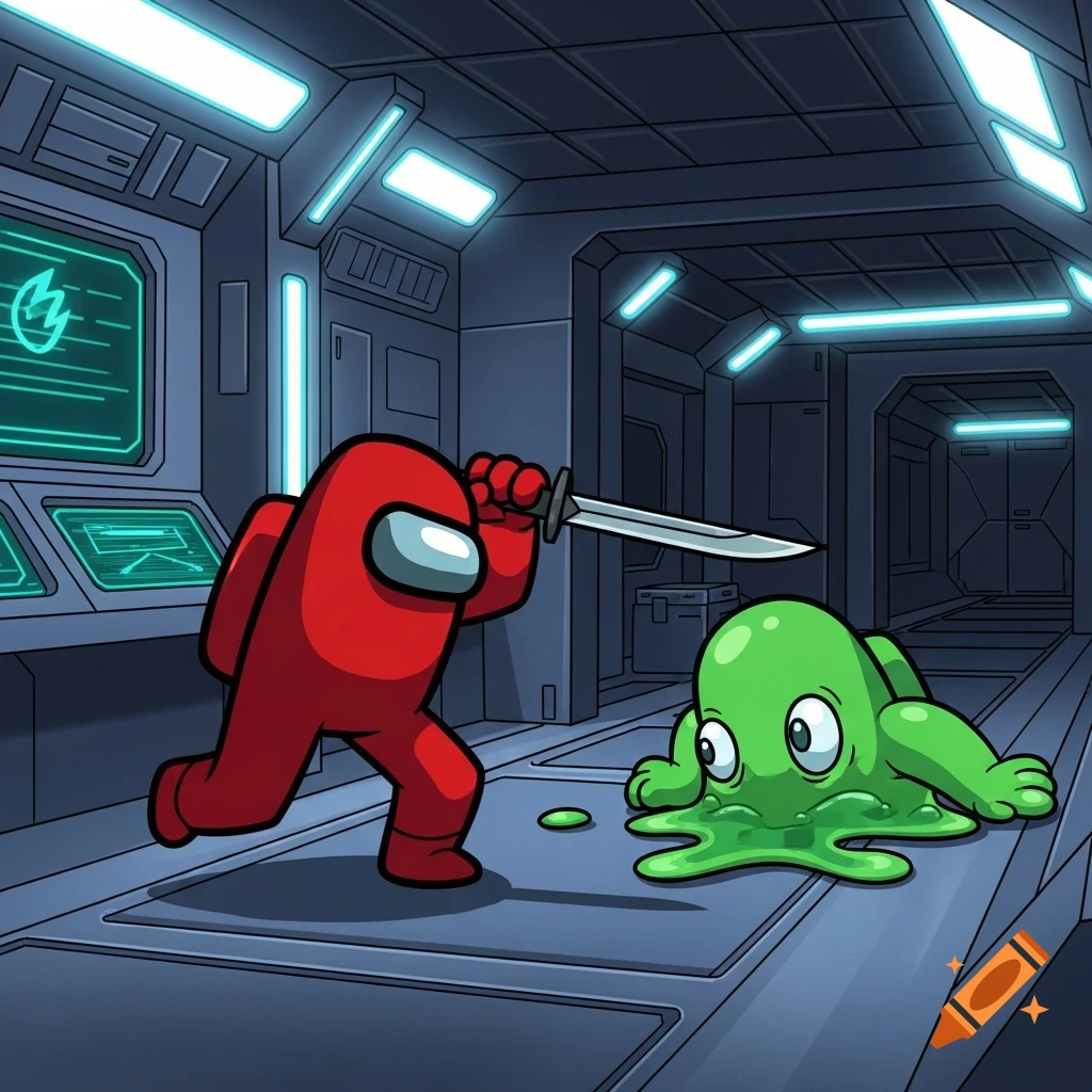 A red Among Us character holding a sword over a scared green slime creature in a spaceship corridor, in a cartoon style.