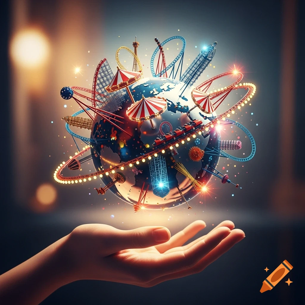 A hand holds a glowing globe featuring miniature amusement park rides like roller coasters and carousels, against a sparkling bokeh background.