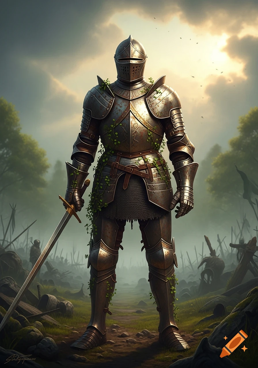 A knight in rusty, vine-covered armor stands holding a sword on a misty battlefield with fallen warriors and a bright sky.