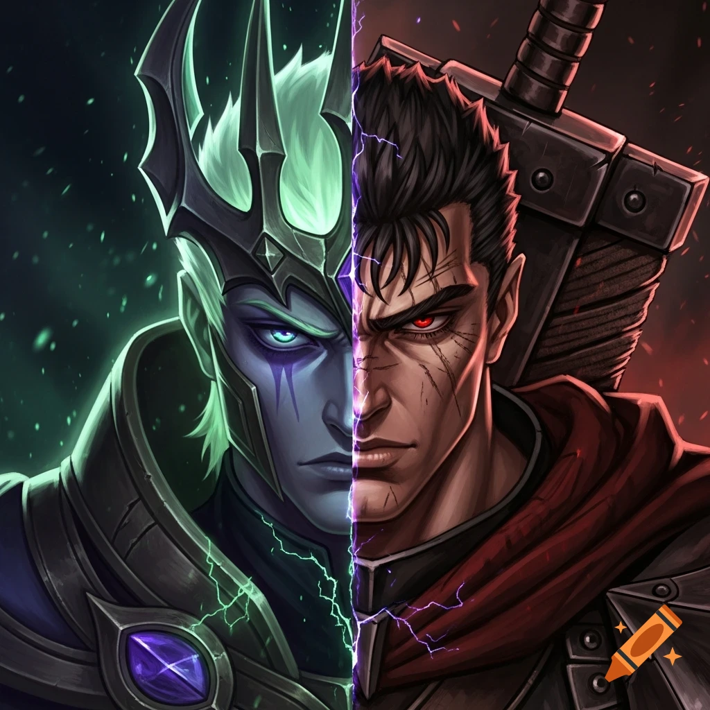 Split-face anime portrait: Viego (LoL) in green/purple armor and crown, and Guts (Berserk) battle-worn, divided by lightning.