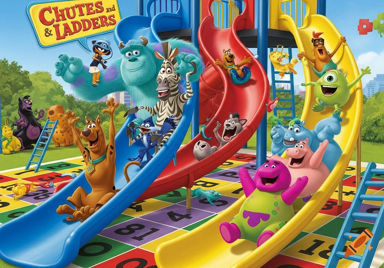 Many cartoon characters, including Scooby Doo, Sully, Marty the Zebra, and Barney, sliding down colorful playground slides on a "Chutes and Ladders" themed board game background.