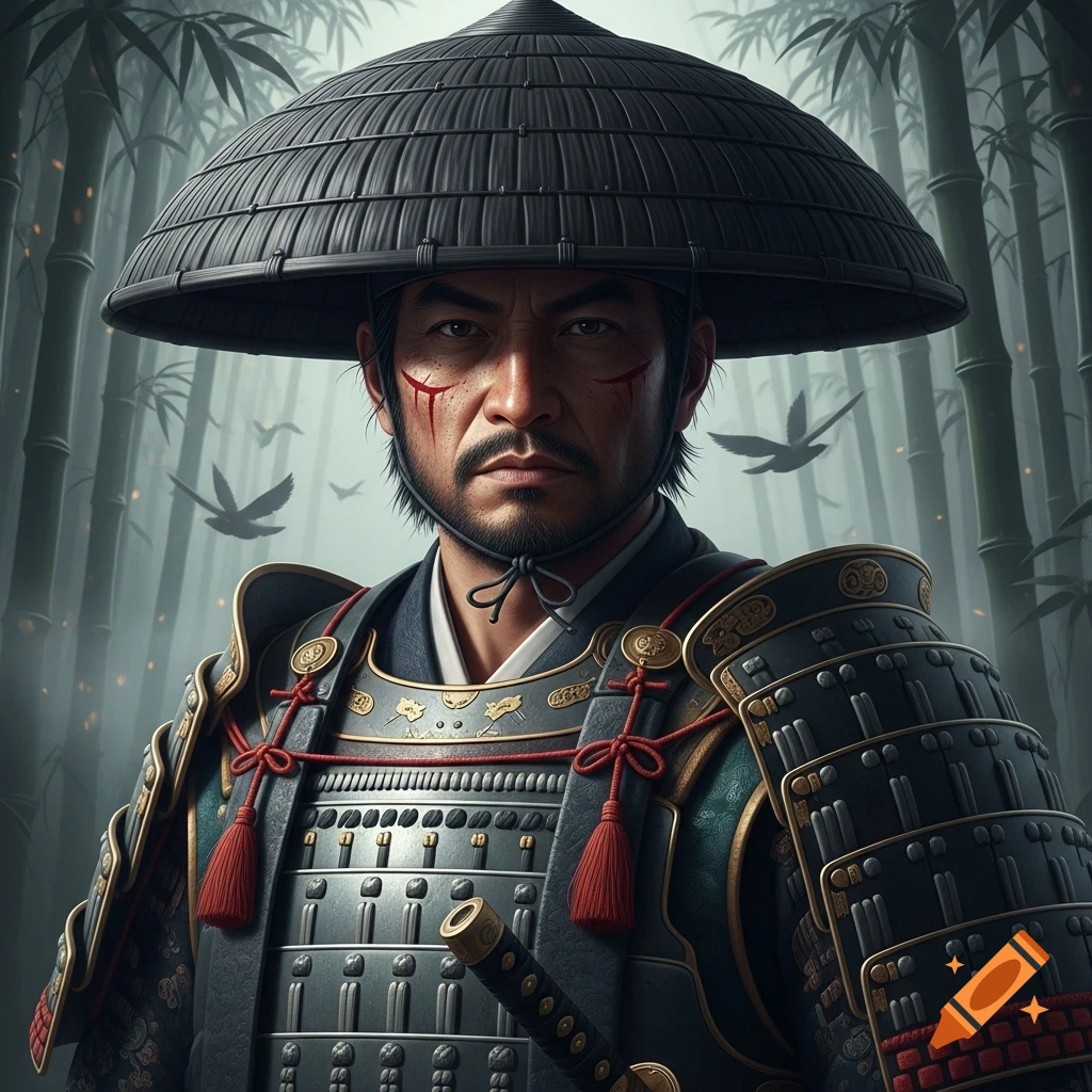 A photorealistic portrait of a samurai warrior in intricate armor and a straw hat, with a bamboo forest and birds in the background.