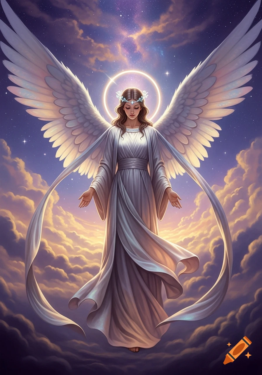 Ethereal angel with white wings, halo, and flowing gown stands in ...