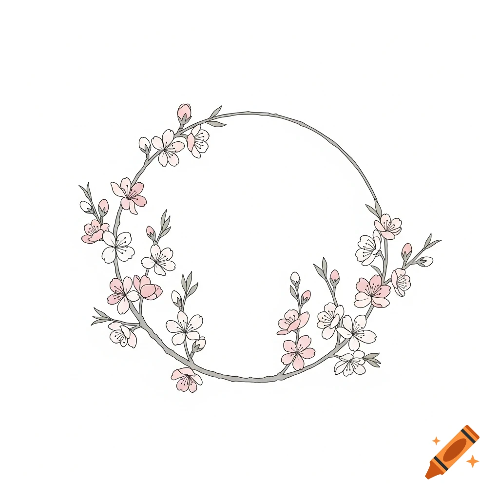 A minimalist illustration featuring a circular frame of an almond tree branch with pink and white flowers on a white background.