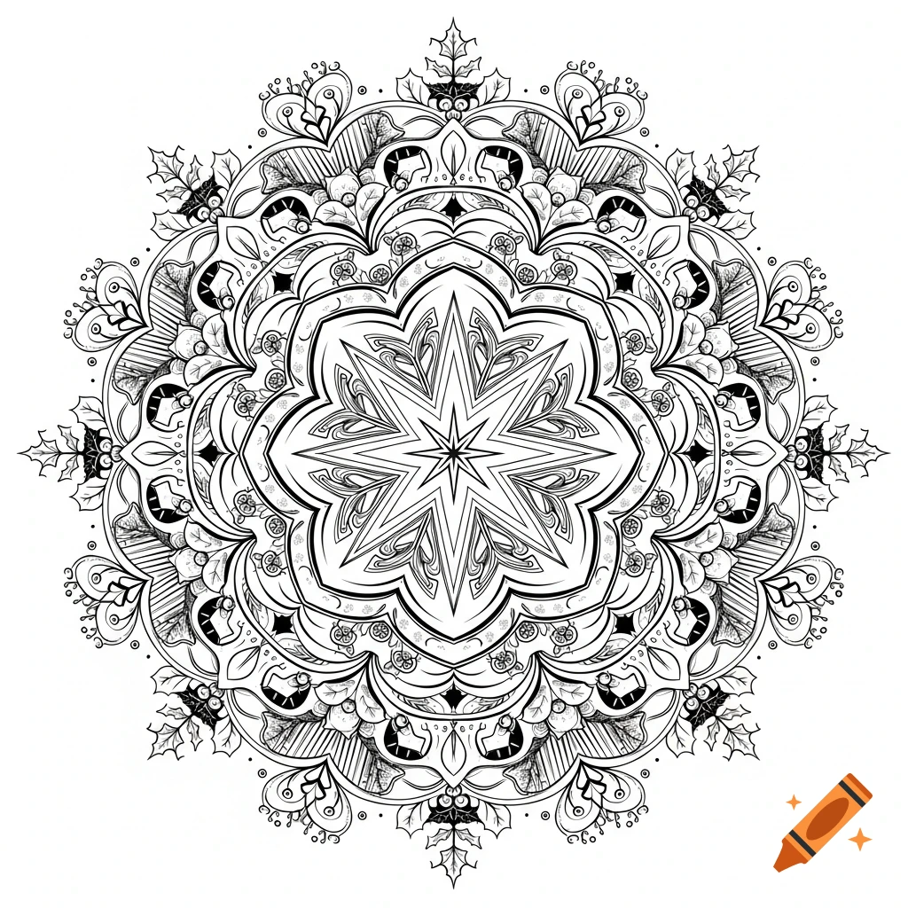 A detailed black and white mandala with symmetrical patterns and stylized Christmas holly motifs.